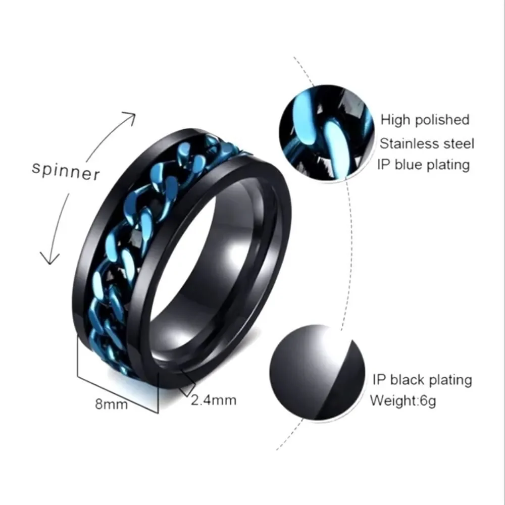 SPINNER Titanium Polished Black Ring - Blue Chain